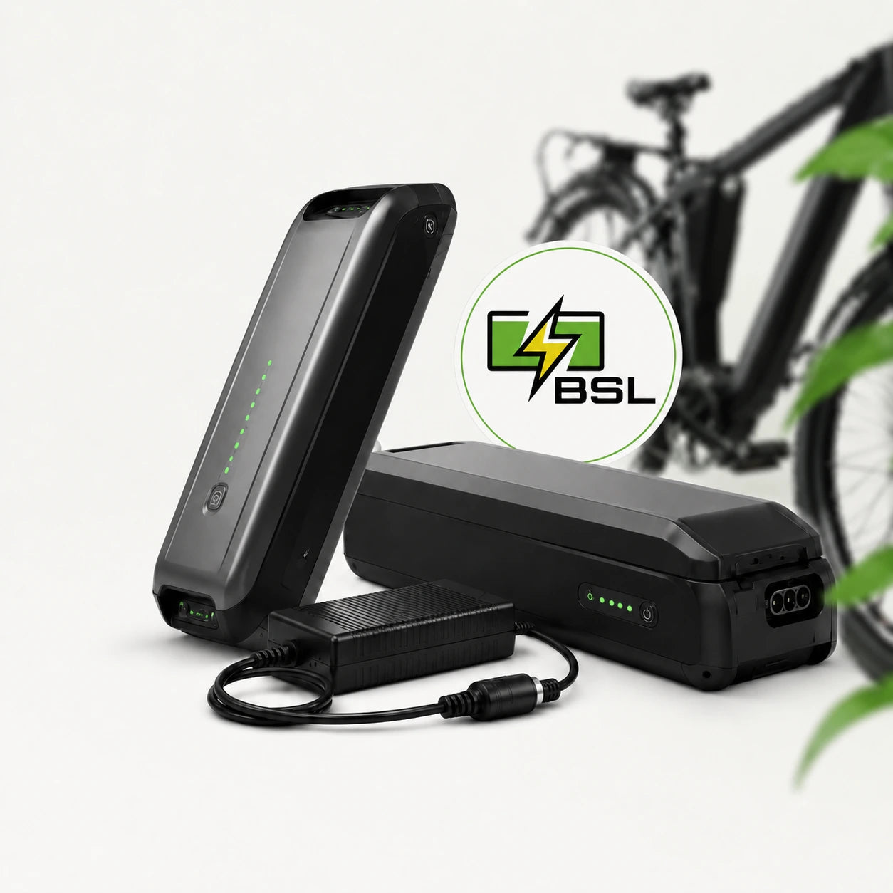 E-bike accu, lader en fiets met BSL-logo — Battery Service Limburg